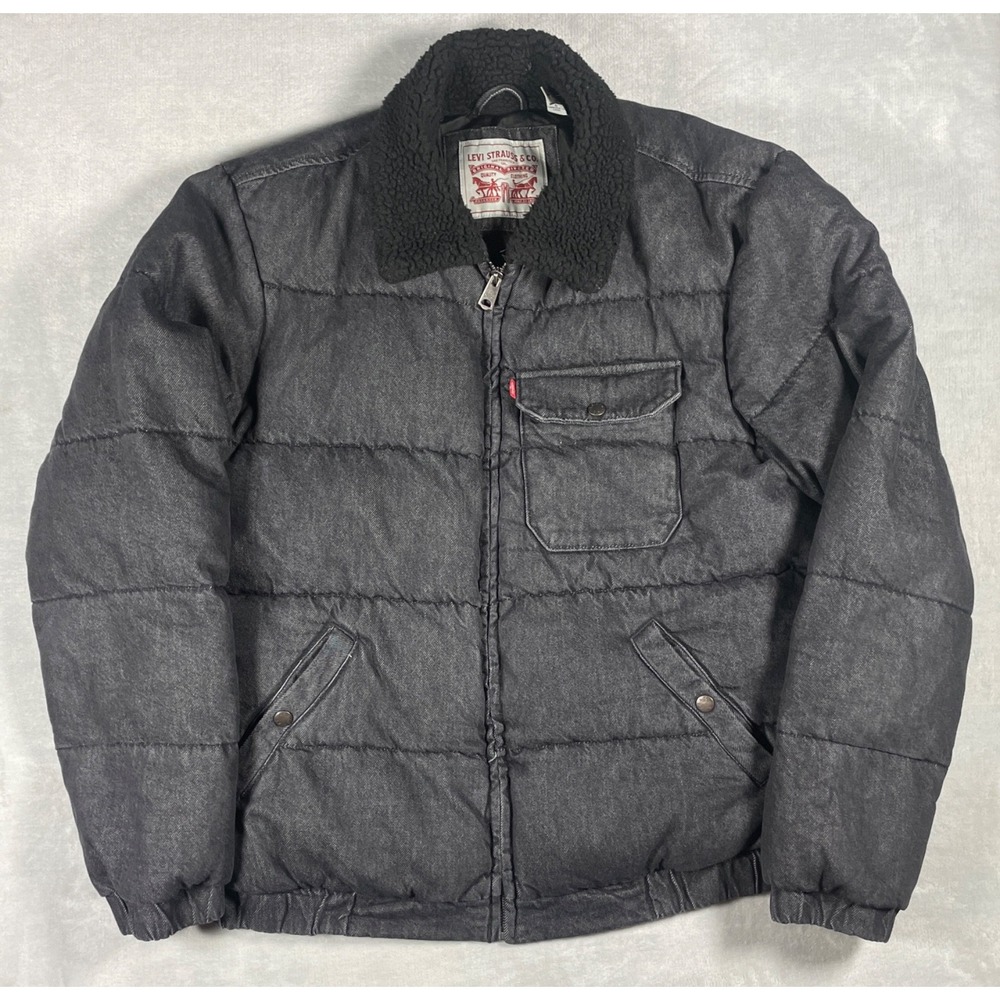Levi's Quilted Denim Jacket Men L Black Sherpa Collar Puffer